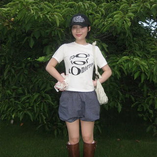 Checked pumpkin elastic waist shorts