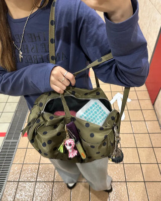 Outer pocket side gathered polka dot Boston bag