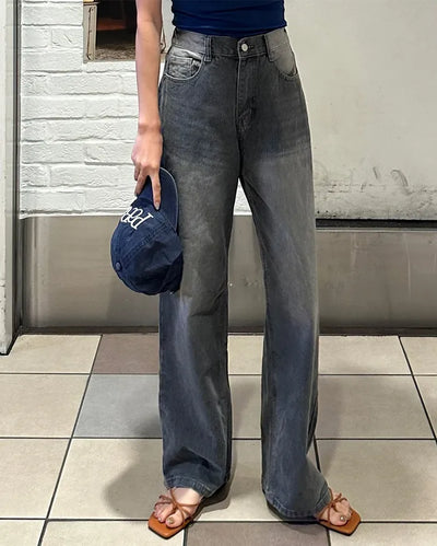 Back-weighted elastic waist wide denim pants