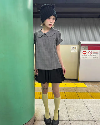 Button-up bust gathered yoke puff blouse