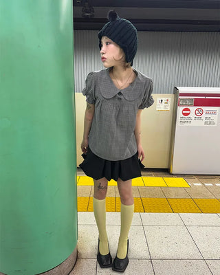 Button-up bust gathered yoke puff blouse