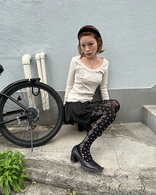 Glass Neck Flower Rib Pile Long T-Shirt