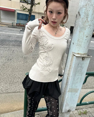 Glass Neck Flower Rib Pile Long T-Shirt