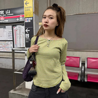Striped boat neck long-sleeved T-shirt