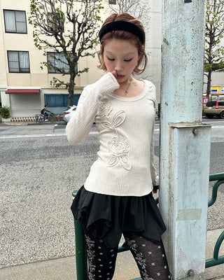 Glass Neck Flower Rib Pile Long T-Shirt