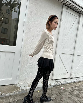 Glass Neck Flower Rib Pile Long T-Shirt