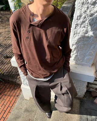 Diagonal stripe Henley neck point button long-sleeve T-shirt