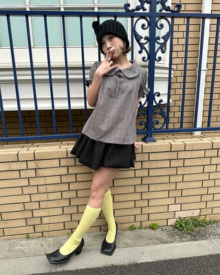 Button-up bust gathered yoke puff blouse