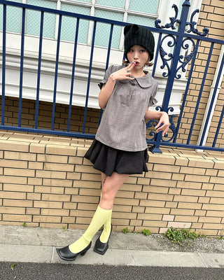 Button-up bust gathered yoke puff blouse