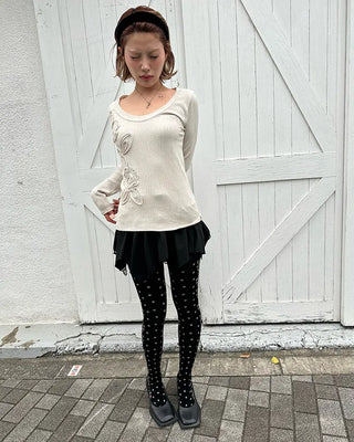 Glass Neck Flower Rib Pile Long T-Shirt