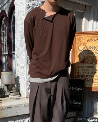 Diagonal stripe Henley neck point button long-sleeve T-shirt