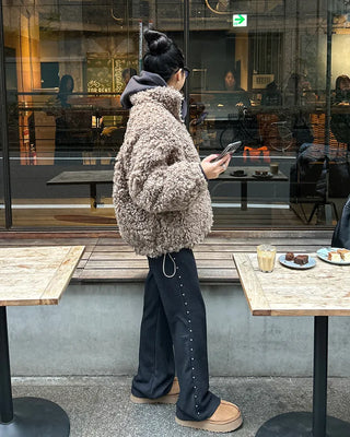 High-neck boa zip-up jacket