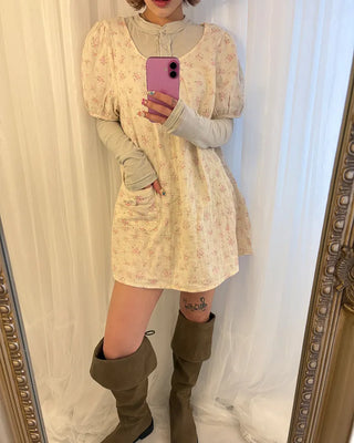 Short puff-sleeve walnut button pocket gauze tunic
