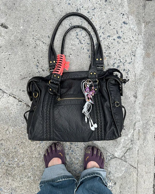 Cable Line Leather Square Boston Bag