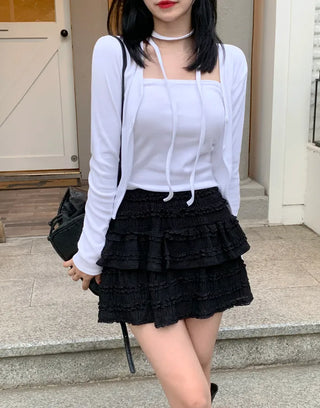 [3-Piece] Tie, Top & V-Neck Cardigan Set
