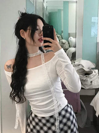 [2pcs] Lace Tie Shirring T-Shirt Set
