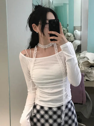[2pcs] Lace Tie Shirring T-Shirt Set