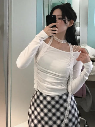 [2pcs] Lace Tie Shirring T-Shirt Set