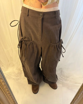 Gathered Belt Set Unique Pocket Peach Cotton Pants