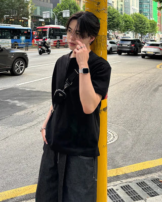 Henley neck short-sleeved T-shirt