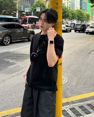 Henley neck short-sleeved T-shirt
