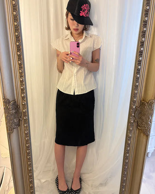 Flower stripe flared cap sleeve blouse