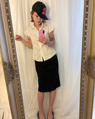 Flower stripe flared cap sleeve blouse
