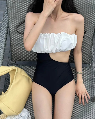 Bust-gathered slit one-piece swimsuit