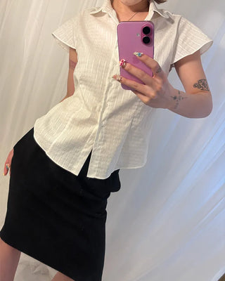 Flower stripe flared cap sleeve blouse