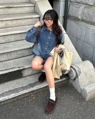 Loose denim shirt and shorts set