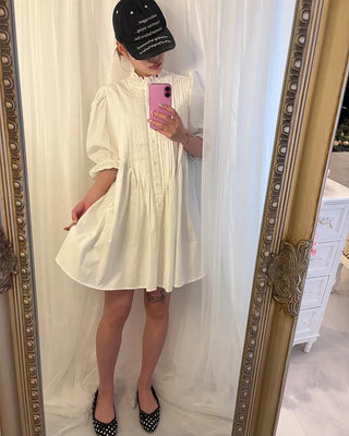 Frilled pintuck puff blouse mini dress