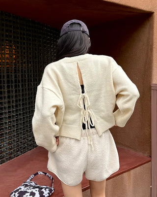 Ribbed back ribbon string long-sleeve knit