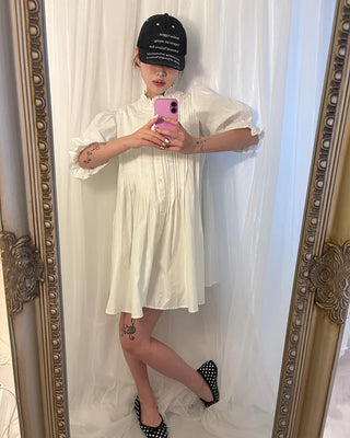Frilled pintuck puff blouse mini dress