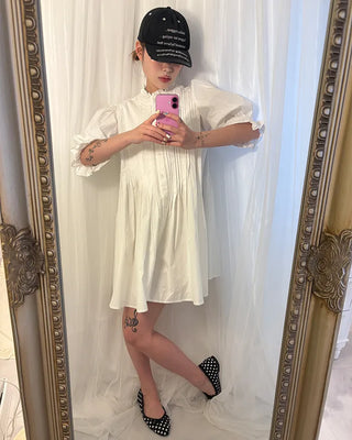 Frilled pintuck puff blouse mini dress