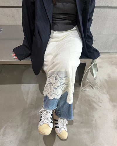 Double Flower Lace Hem Knit Long Skirt