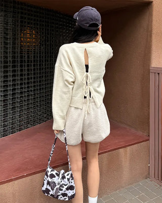 Ribbed back ribbon string long-sleeve knit