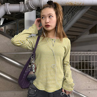Striped boat neck long-sleeved T-shirt