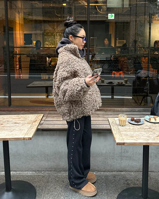 High-neck boa zip-up jacket