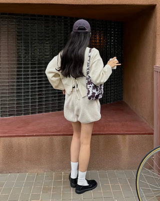 Ribbed back ribbon string long-sleeve knit