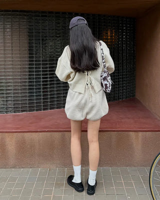 Ribbed back ribbon string long-sleeve knit