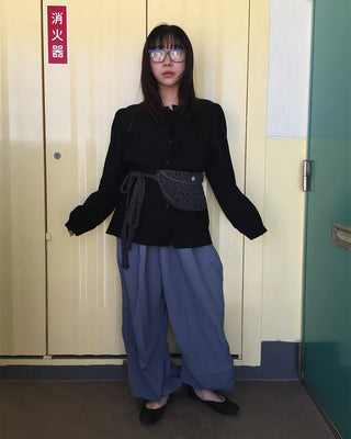 (Unisex) Black Button Elastic Waist Parachute Pants
