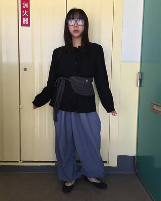 (Unisex) Black Button Elastic Waist Parachute Pants