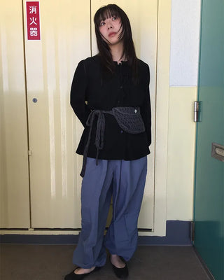 (Unisex) Black Button Elastic Waist Parachute Pants