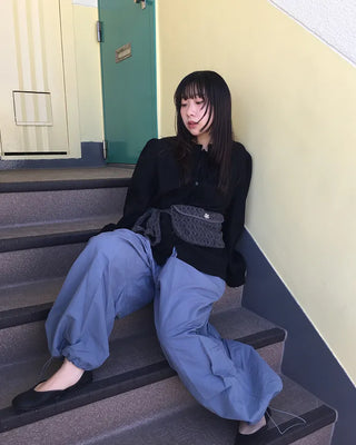 (Unisex) Black Button Elastic Waist Parachute Pants