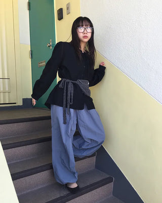 (Unisex) Black Button Elastic Waist Parachute Pants