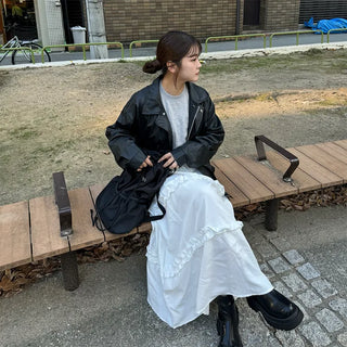 Frilled banded long skirt