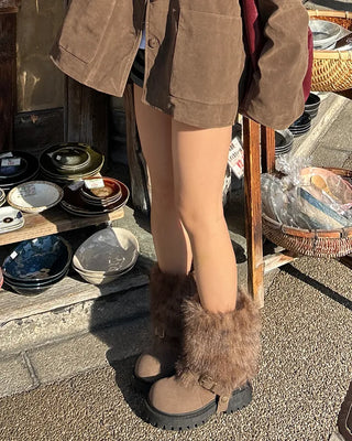 Harness-attached pattern fur suede short boots