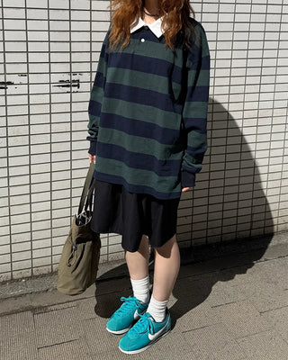 Colored neck striped long T-shirt