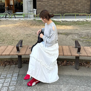 Frilled banded long skirt