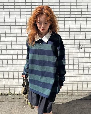 Colored neck striped long T-shirt